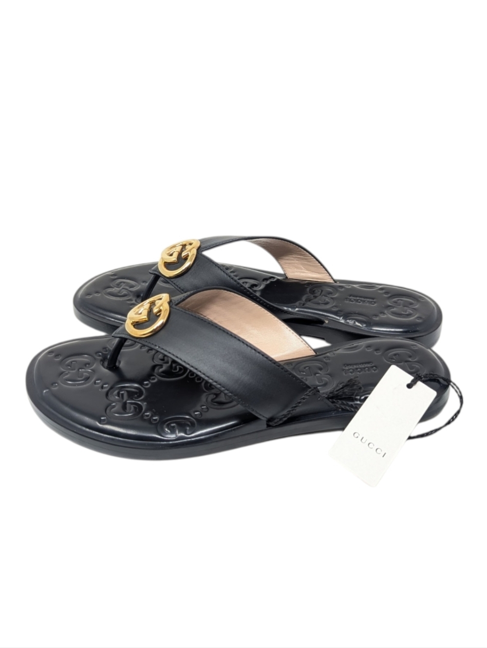 NIB Gucci Interlocking GG Black Thong Leather Flip Flop Sandals Size EU 38.5 - Picture 3 of 10